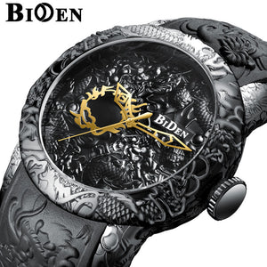 BIDEN Brand Man Watch Dragon Men's Quartz Watches 3D Steampunk Style Gold Watch Men Exquisite Relief Creative Clock Relogio 0129