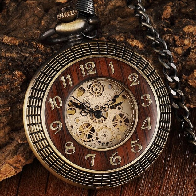 Box Package Solid Wood Mechanical Pocket Watch FOB Chain Locket Dial Hollow Steampunk Skeleton Men Women Mens Male Clock Watches