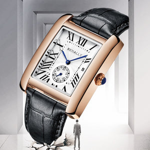 Luxury Brand Square Men WristWatches Unique Design Rose Gold Calendar Stop Watch Genuine Leather Quartz Business Watch for Man