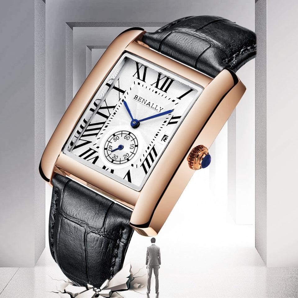 Luxury Brand Square Men WristWatches Unique Design Rose Gold Calendar Stop Watch Genuine Leather Quartz Business Watch for Man