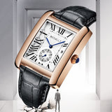 Luxury Brand Square Men WristWatches Unique Design Rose Gold Calendar Stop Watch Genuine Leather Quartz Business Watch for Man