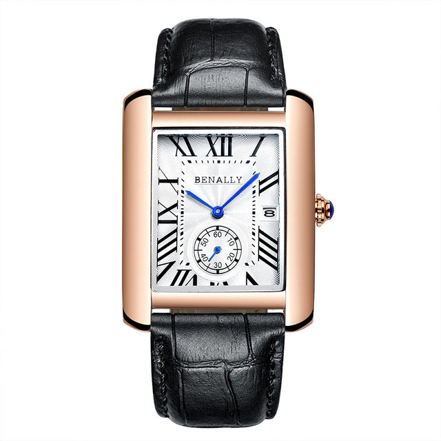 Luxury Brand Square Men WristWatches Unique Design Rose Gold Calendar Stop Watch Genuine Leather Quartz Business Watch for Man