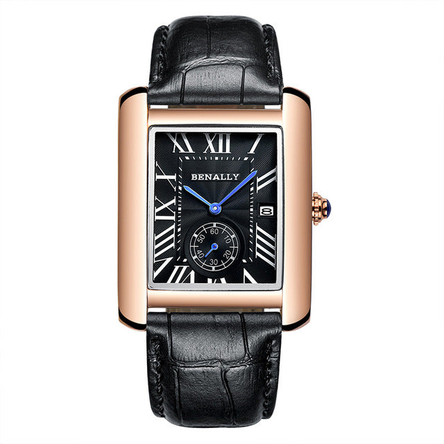 Luxury Brand Square Men WristWatches Unique Design Rose Gold Calendar Stop Watch Genuine Leather Quartz Business Watch for Man