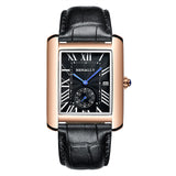 Luxury Brand Square Men WristWatches Unique Design Rose Gold Calendar Stop Watch Genuine Leather Quartz Business Watch for Man