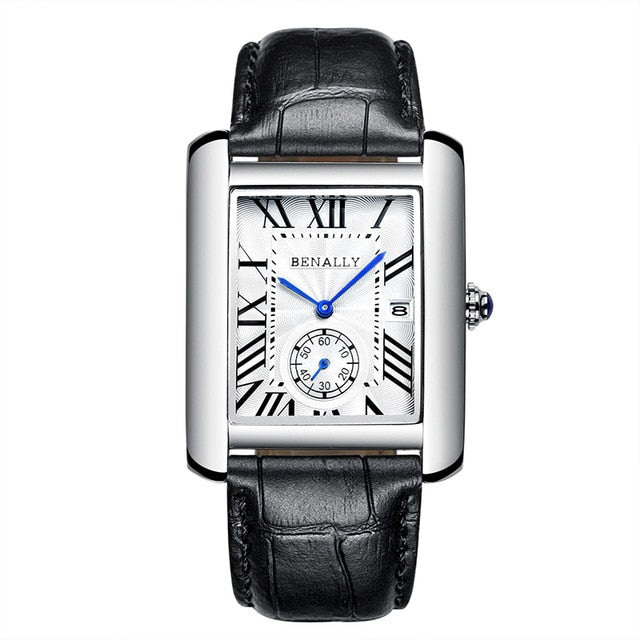 Luxury Brand Square Men WristWatches Unique Design Rose Gold Calendar Stop Watch Genuine Leather Quartz Business Watch for Man