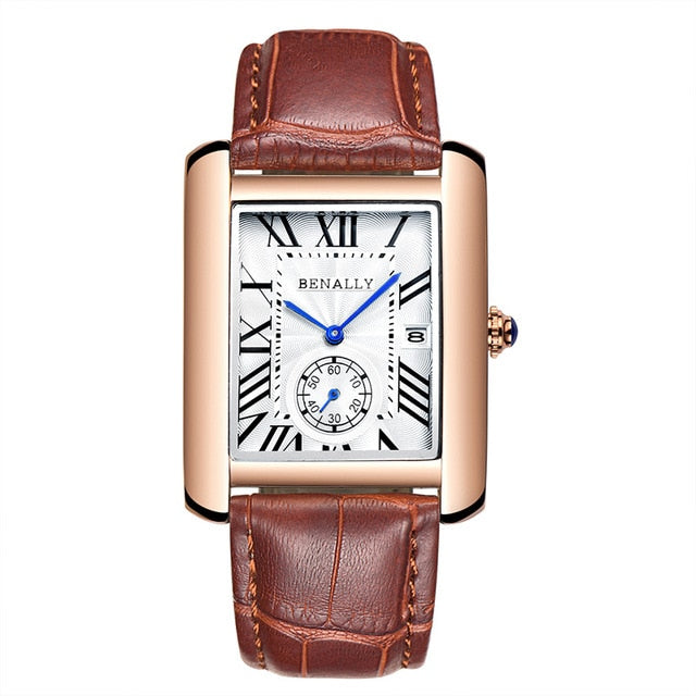 Luxury Brand Square Men WristWatches Unique Design Rose Gold Calendar Stop Watch Genuine Leather Quartz Business Watch for Man