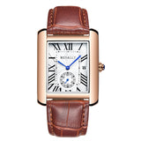 Luxury Brand Square Men WristWatches Unique Design Rose Gold Calendar Stop Watch Genuine Leather Quartz Business Watch for Man