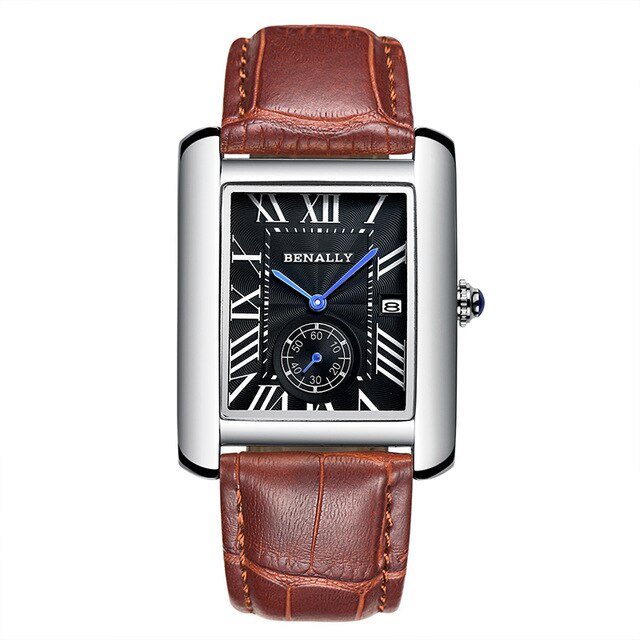 Luxury Brand Square Men WristWatches Unique Design Rose Gold Calendar Stop Watch Genuine Leather Quartz Business Watch for Man