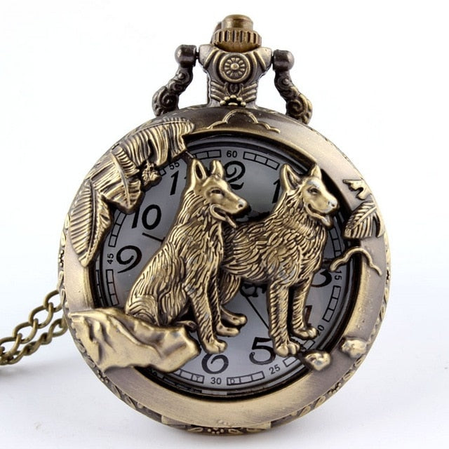Retro Bronze Wolf Hollow Design Quartz Pocket Watch Mens Women Necklace Pendant FOB Chain Steampunk Pocket Watches Dropshipping