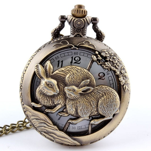 Retro Bronze Wolf Hollow Design Quartz Pocket Watch Mens Women Necklace Pendant FOB Chain Steampunk Pocket Watches Dropshipping