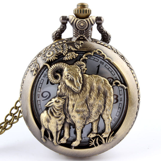 Retro Bronze Wolf Hollow Design Quartz Pocket Watch Mens Women Necklace Pendant FOB Chain Steampunk Pocket Watches Dropshipping