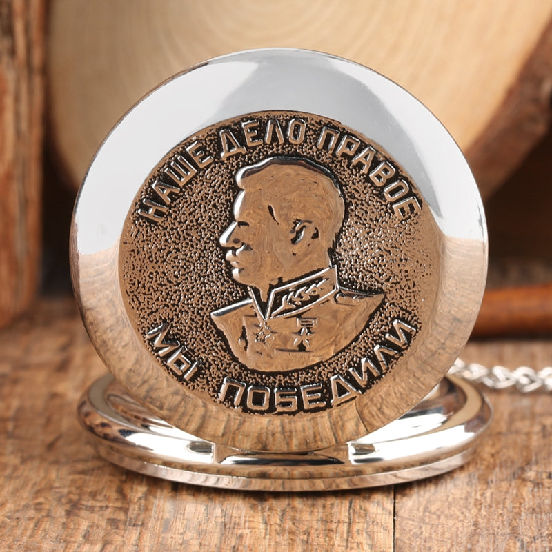 Luxury Silver Portrait of Stalin of Russia's Leader Quartz Pocket Watch with Chain Necklace Pendant Fob Clock For Men Women Gift