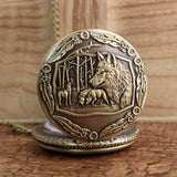 Retro Bronze Wolf Hollow Design Quartz Pocket Watch Mens Women Necklace Pendant FOB Chain Steampunk Pocket Watches Dropshipping