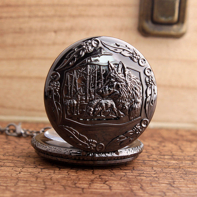 Retro Bronze Wolf Hollow Design Quartz Pocket Watch Mens Women Necklace Pendant FOB Chain Steampunk Pocket Watches Dropshipping