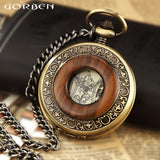 Box Package Solid Wood Mechanical Pocket Watch FOB Chain Locket Dial Hollow Steampunk Skeleton Men Women Mens Male Clock Watches