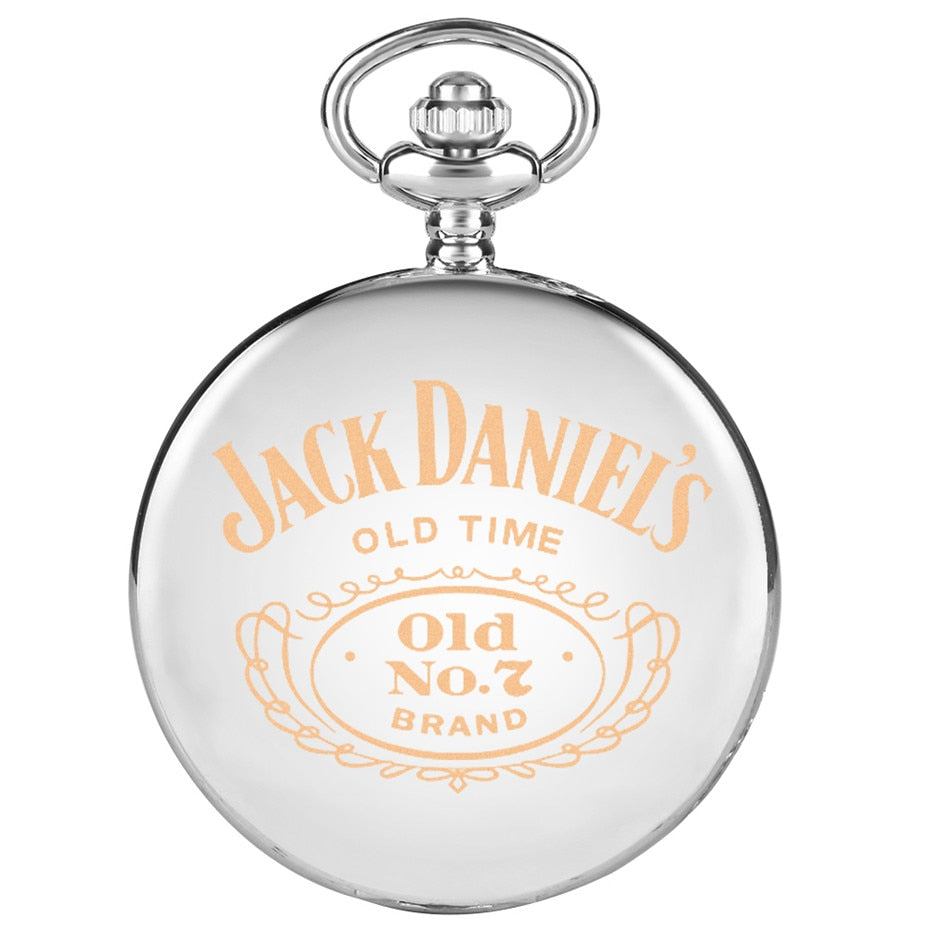 Jack Daniel's Old Time Laser Engraved Design Quartz Pocket Watch Silver Retro Pendant Steampunk Watch Gifts for Men Women reloj
