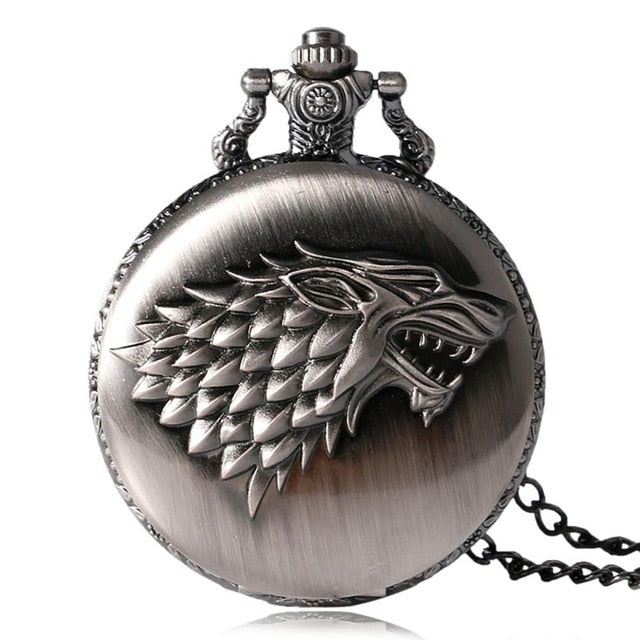Dire Wolf Winter is Coming Game of Thrones Crest of Stark House Quartz Pocket Watch Men Women Necklace Chain Father's Day Gifts