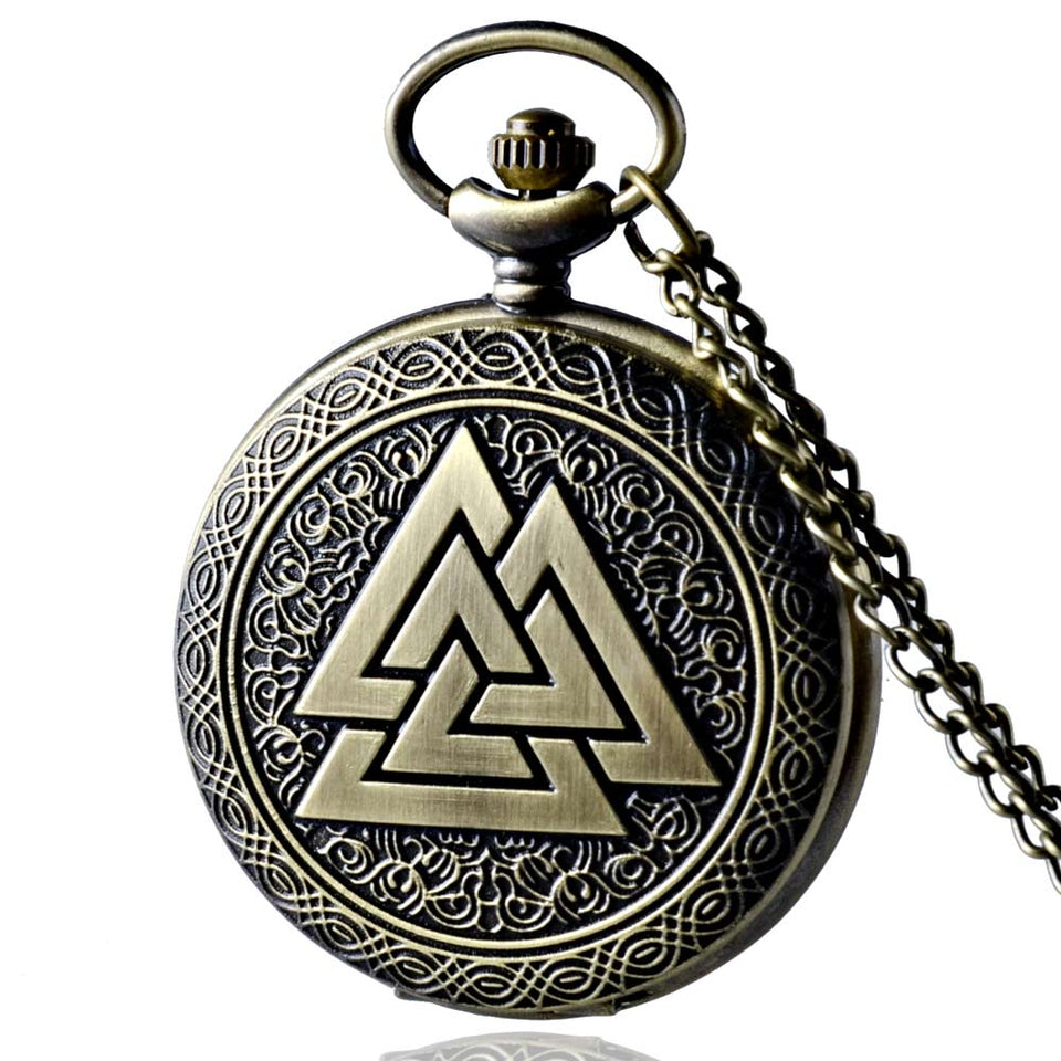 Vintage Triangle Valknut Norse Vikings Bronze Quartz Pocket Watch Necklace Chain Three Interlocking Fob Watch Friendship Gifts