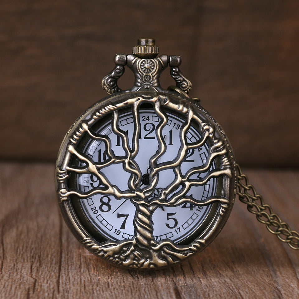 Vintage Classical Bronze Tree of Life Quartz Pocket Watch Analog Pendant Necklace Men Women Watches Chain Children Gift