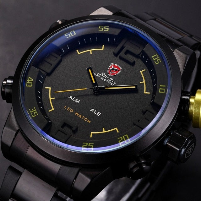 Gulper SHARK Sport Watch Brand Mens Black Luxury Full Steel Band Digital Calendar Wristwatches Quartz Relogio Masculino /SH103