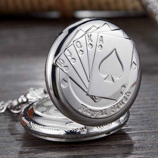 Royal Flush Poker Card Quartz Pocket Watch Small Sliver Size Fob Watches Necklace Pendant for Men Bronze Kids Children Clock
