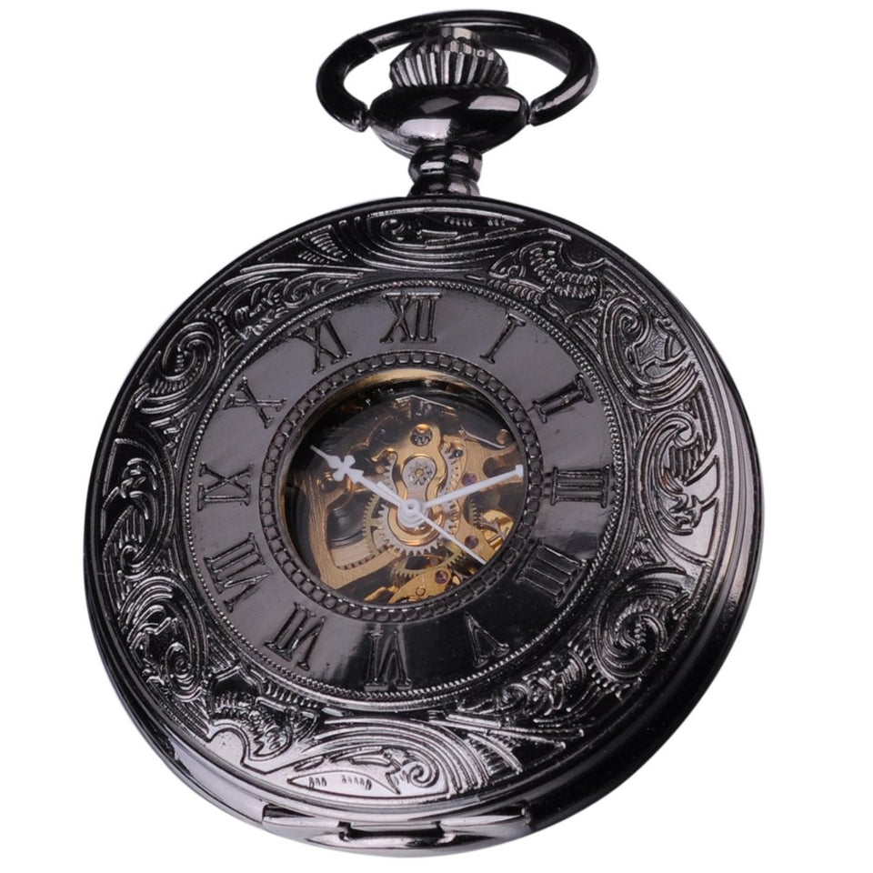 Vintage Retro Mechanical Hand Winding Roman Analog Black Skeleton Pendant Mens FOB Clip Chain Pocket Watch Jewelry Gift / WK891