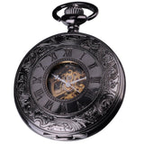 Vintage Retro Mechanical Hand Winding Roman Analog Black Skeleton Pendant Mens FOB Clip Chain Pocket Watch Jewelry Gift / WK891