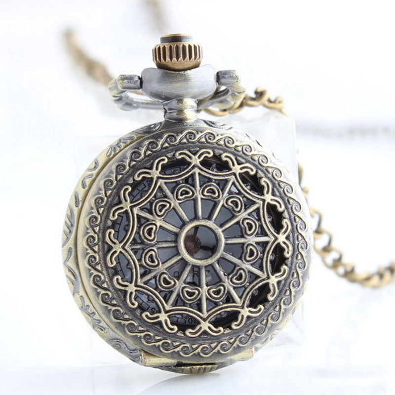 New Women Men Pocket Watch Retro Bronze Tone Round Shape Spider Web Pattern Watches With Chain Necklace Clock
