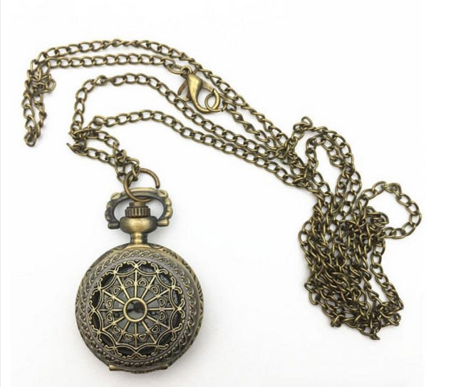 New Women Men Pocket Watch Retro Bronze Tone Round Shape Spider Web Pattern Watches With Chain Necklace Clock