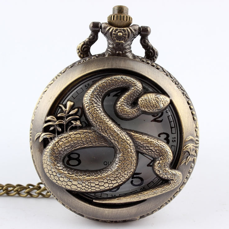 Dropshipping Bronze snake Hollow Quartz Pocket Watch Necklace Pendant Womens Men Gifts P278