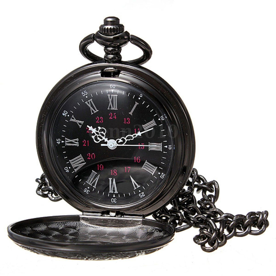 YCYS-Vintage Steampunk Black Roman Numerals Necklace Quartz Pendant Pocket Watch Gift