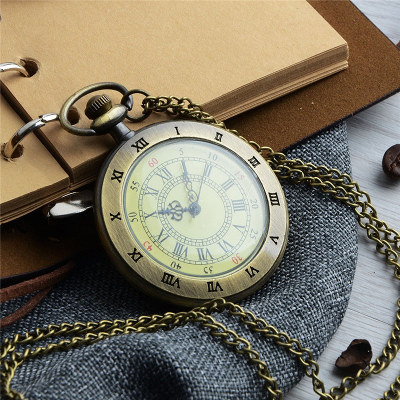 Unique Men Women Vintage Pocket Watch Roman Numerals Fob WatchGlass Dial Necklace Pendant Clock Time with Chain Character Watch
