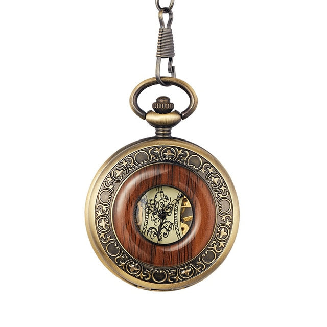 Box Package Solid Wood Mechanical Pocket Watch FOB Chain Locket Dial Hollow Steampunk Skeleton Men Women Mens Male Clock Watches