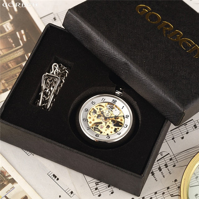 Hot Sale Retro Silver Skeleton Transparent Mechanical Pocket Watch for Men Women FOB Chain Hand Winding Full Steel Pocket Watch