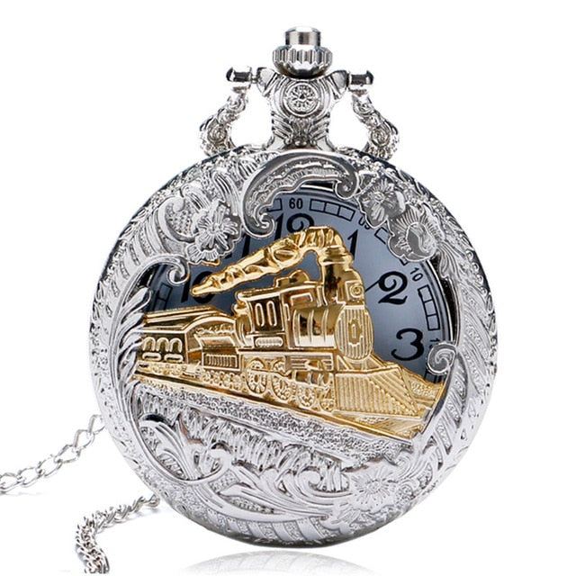 2019 New Train Locomotive Engine Pattern Hollow Cover Design Pocket Watch Necklace Pendant Chain Unisex Gifts Clock cep saati