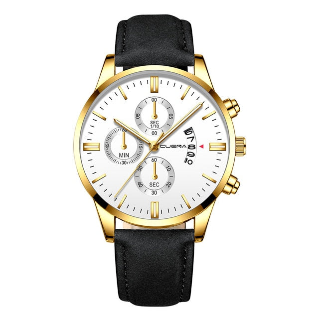 CUENA Men Wrist Watch Sport Stainless Steel Case Leather Band Quartz Analog man watches men watches quartzo day date watch male