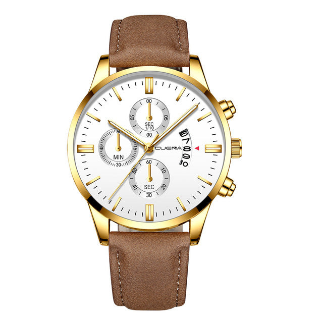 CUENA Men Wrist Watch Sport Stainless Steel Case Leather Band Quartz Analog man watches men watches quartzo day date watch male