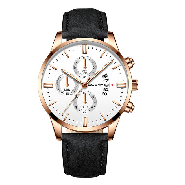 CUENA Men Wrist Watch Sport Stainless Steel Case Leather Band Quartz Analog man watches men watches quartzo day date watch male