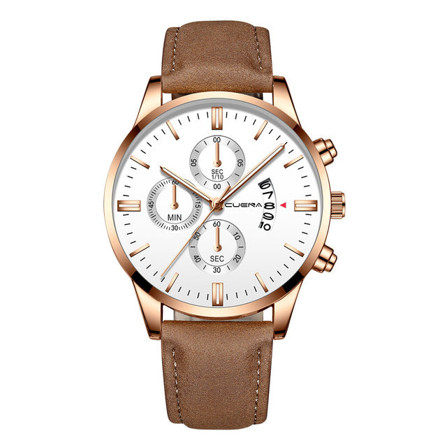 CUENA Men Wrist Watch Sport Stainless Steel Case Leather Band Quartz Analog man watches men watches quartzo day date watch male
