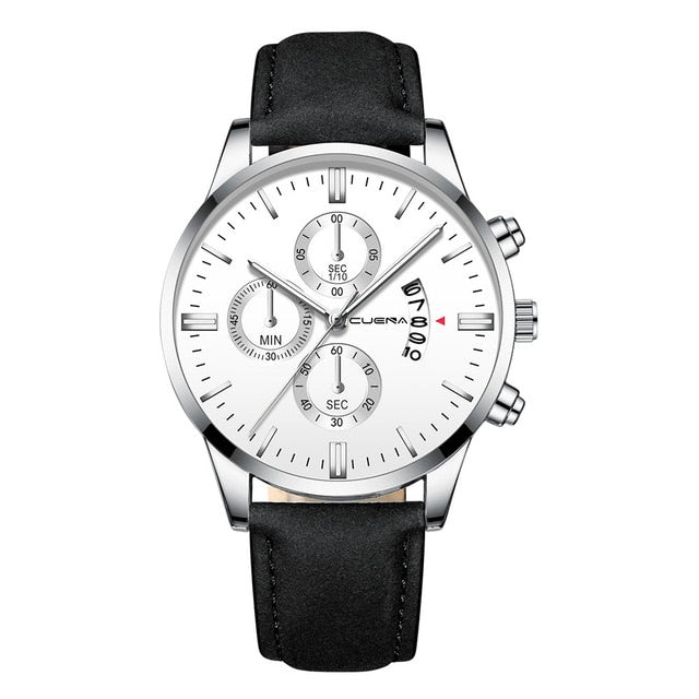 CUENA Men Wrist Watch Sport Stainless Steel Case Leather Band Quartz Analog man watches men watches quartzo day date watch male