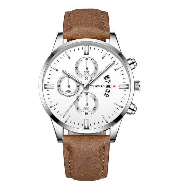 CUENA Men Wrist Watch Sport Stainless Steel Case Leather Band Quartz Analog man watches men watches quartzo day date watch male