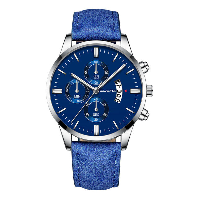 CUENA Men Wrist Watch Sport Stainless Steel Case Leather Band Quartz Analog man watches men watches quartzo day date watch male