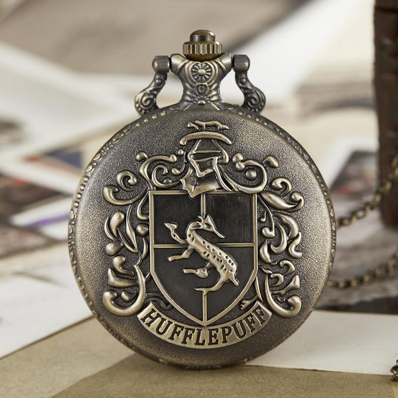 Vintage Retro Theme School Hufflepuff Harry Potter Quartz Pocket Watch Men Women Bronze Clock Men Necklace Chain Pocket Watches