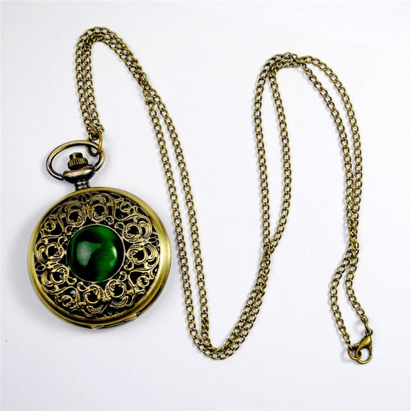 Fashion Quartz Pocket Watch Big Hollow Emerald Stone Vintage Necklace Pendant Fob Watches Clock Chain for Men Women Gifts