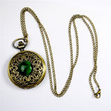 Fashion Quartz Pocket Watch Big Hollow Emerald Stone Vintage Necklace Pendant Fob Watches Clock Chain for Men Women Gifts