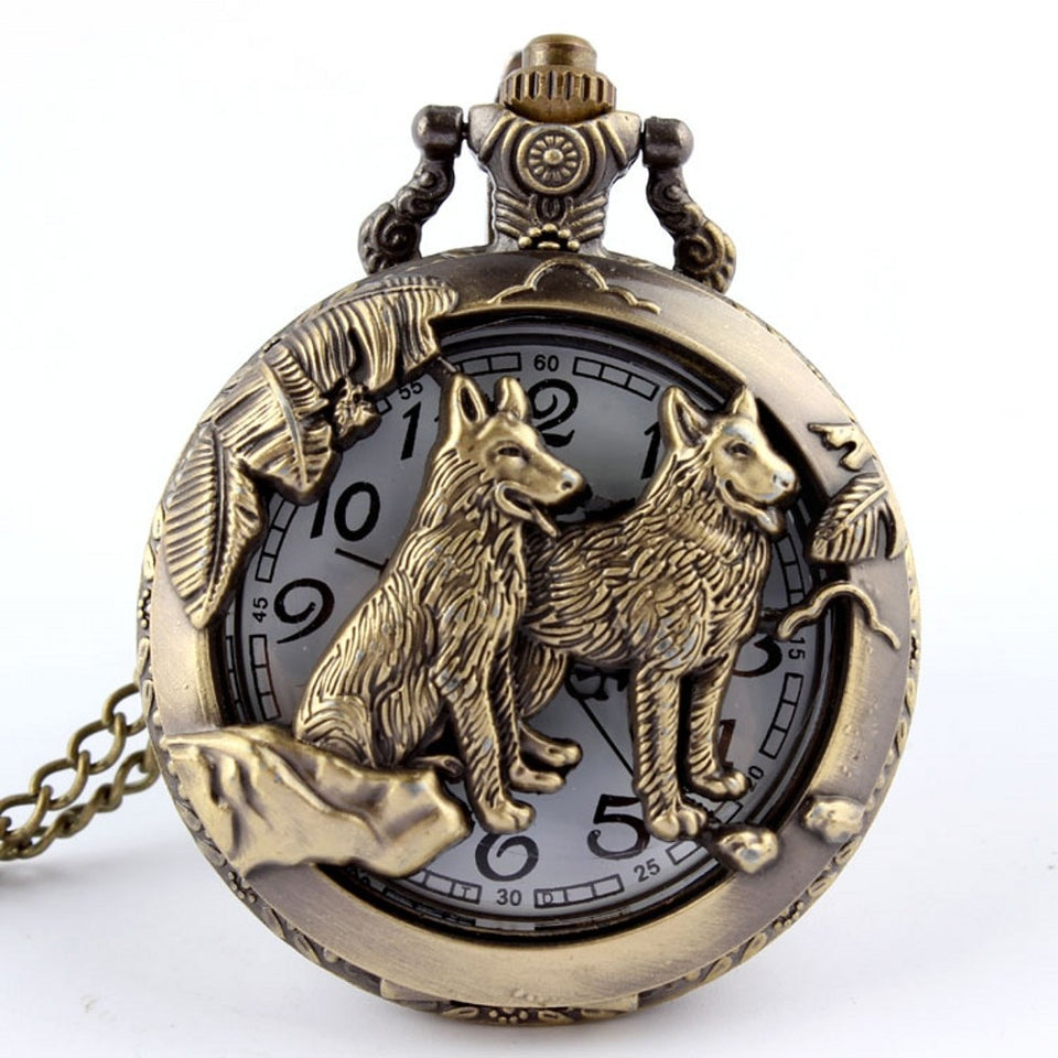 Retro Bronze Wolf Hollow Design Quartz Pocket Watch Mens Women Necklace Pendant FOB Chain Steampunk Pocket Watches Dropshipping